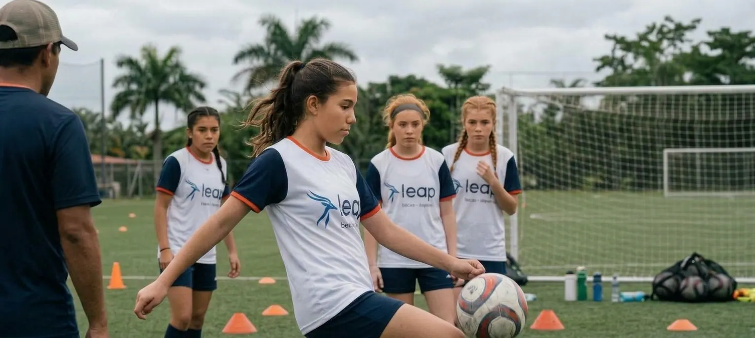 Jugadoras costarricenses de entre 9 y 17 años entrenando con uniformes de leap