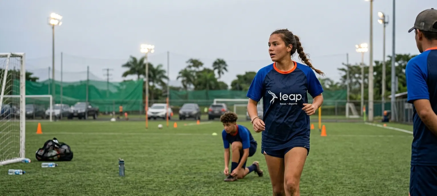 Jugadora costarricense con uniforme de leap durante un entrenamiento nocturno